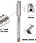 M8 X 1 Tap And Die Set HSS Straight Fluted Right Hand Threads Repair And Create New M8 Threads For Metalworking Projects Includes Tap And Die For Rethreading And Precision Threading In Steel And Aluminum Pro Grade Handy For Quick Jobs clear thread sharp blade 3 flutes standard square head close-up view