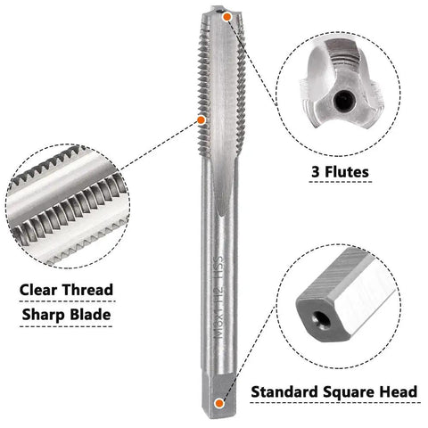 M8 X 1 Tap And Die Set HSS Straight Fluted Right Hand Threads Repair And Create New M8 Threads For Metalworking Projects Includes Tap And Die For Rethreading And Precision Threading In Steel And Aluminum Pro Grade Handy For Quick Jobs clear thread sharp blade 3 flutes standard square head close-up view