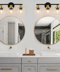Three Light Bathroom Vanity Light With Clear Globe Shade, Black And Brass Modern Wall Sconces Over Mirror, 22 Inch Vintage Vibe Fixture