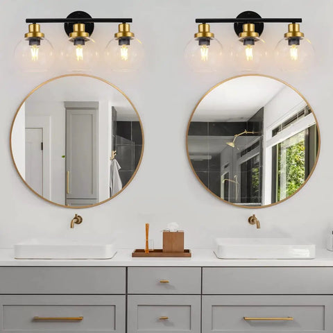 Three Light Bathroom Vanity Light With Clear Globe Shade, Black And Brass Modern Wall Sconces Over Mirror, 22 Inch Vintage Vibe Fixture
