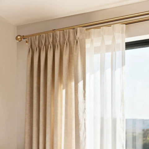 Dual Track Curtain Rod Set With Heavy Duty Aluminum Brackets For Living Room And Bedroom Silent Glide Drapery Rails For Sheer And Blackout Curtains No Fuss Easy Install Modern Finials Durable Window Treatments For Any Window, gold rod with sheer and blackout curtains