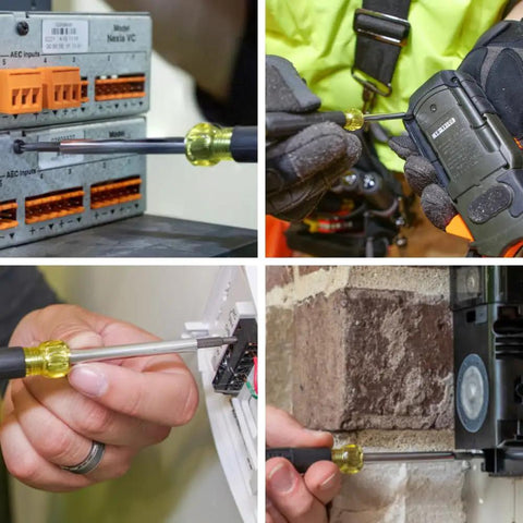4-In-1 Electronics Screwdriver Set With Non-Magnetic Tips in use on terminal blocks and electronic devices.