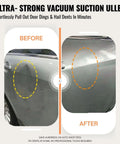 Before and after showing Heavy Duty Dent Puller Kit To Knock Out Stubborn Dings Quick Slick Suction Cup Paintless Auto Body Repair Tool results.