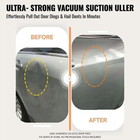 Before and after showing Heavy Duty Dent Puller Kit To Knock Out Stubborn Dings Quick Slick Suction Cup Paintless Auto Body Repair Tool results.