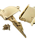Brass Cedar Chest Hinge And Lid Support Set with brass finish, including two hinges, shown with pile of screws, easy install.