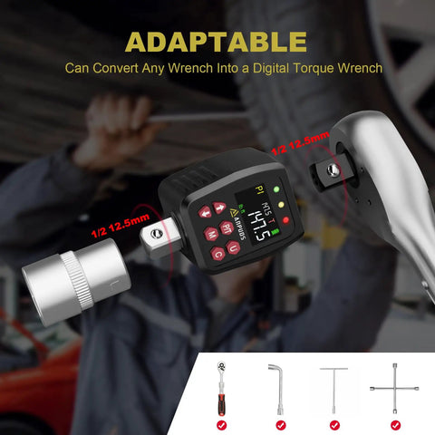 Digital Torque Adapter 1/2 Inch Drive for Cars, 7.4-147.5 Ft-Lb / 10-200 Nm, shown with LED panel and attachments
