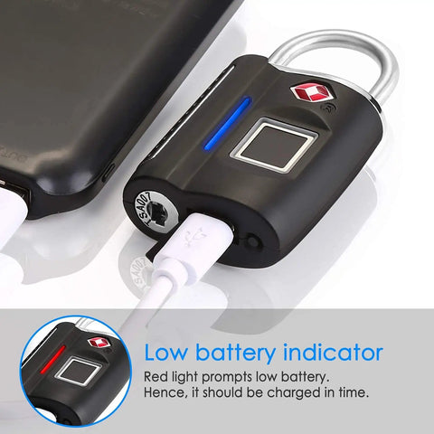 Keyless Fingerprint Lock With TSA Approval For Gym Luggage Travel Home Storage Smart Digital Locker And Backpack Safe showing battery charging