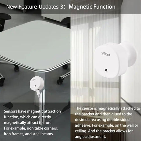 Smart Presence Sensor With Zigbee 5.8 GHz MmWave Radar Detects People, Static Body Posture, And Micro Motion, Illuminance Readout installed on wall with magnetic mount