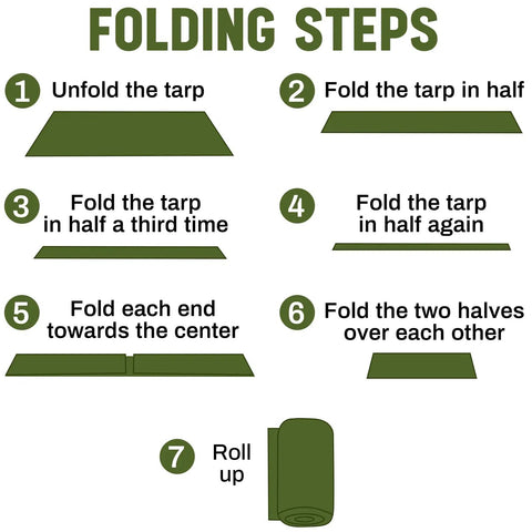 Folding instructions for 8 Pack Camping Tarps 6x8 Ft Waterproof 5.5 Mil Heavy Duty Ground Cover Rain Shelter, step-by-step guide.