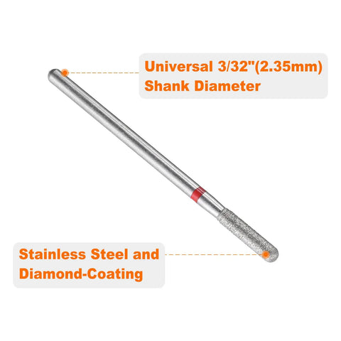 Five Piece 200-230 Grit Diamond Grinding Bits Set For Rotary Tools With 2.5mm Cylindrical Ball Head And 2.35mm Shank 10mm Head 45mm Total Length Perfect For Ceramic Glass Nails Grinding And Polishing, stainless steel and diamond-coated bit side view.