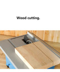 Hustle Ready 8 Inch Mini Table Saw Benchtop Miter Cutter with wood cutting demonstration and precise blade exposure.
