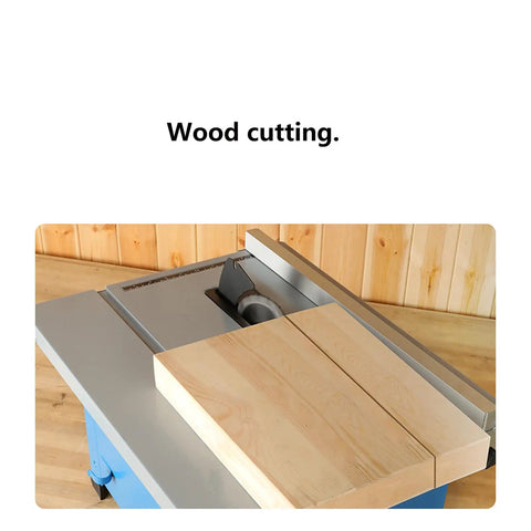 Hustle Ready 8 Inch Mini Table Saw Benchtop Miter Cutter with wood cutting demonstration and precise blade exposure.