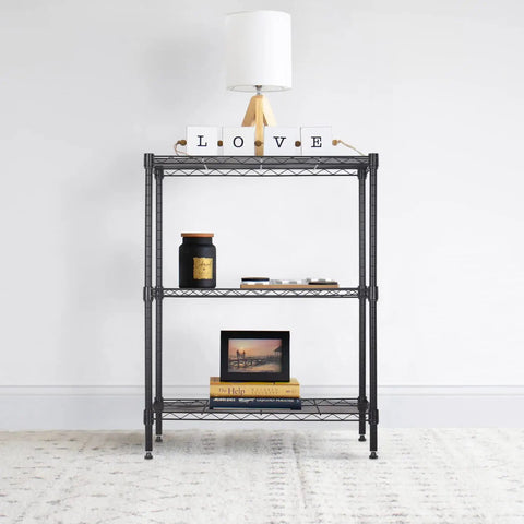 Tough As Nails Three Tier Wire Shelving Rack With Adjustable Steel Bars For Garage Home Closet Organization No Fuss Assembly Fits 23 By 13 By 30 Inches Holds Up To Four Fifty Pounds Black