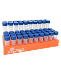 Front view of PEKYBIO sterile plastic 5 ml graduated test tubes with blue screw caps in an orange rack (50 tubes)