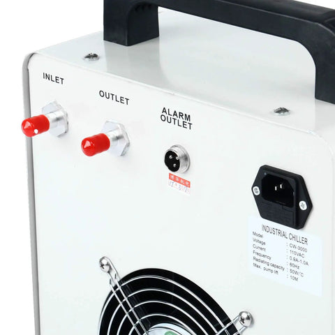 Industrial Heavy Duty Water Chiller CW 3000 For Laser Engraving Machines 110V inlet, outlet, and alarm ports close-up
