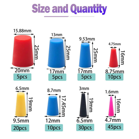 130 Pcs High Temp Silicone Rubber Stopper Set With 8 Sizes Tapered Plugs for Masking Systems, color-coded plugs