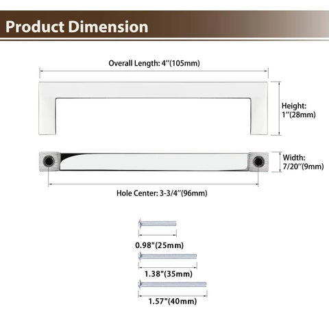 Diagram illustrating dimensions of Five Pack Polished Chrome Cabinet Handles For Drawers And Cabinets, Solid Zinc Alloy Square Kitchen Cupboard Pulls.