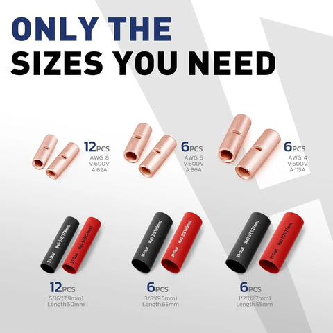 Uninsulated Butt Connectors Kit With 24 Bare Copper Splice Terminals AWG 8-4 And 24 Pcs 3 To 1 Heat Shrink Tubing for various sizes