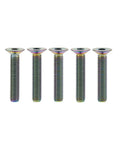 Top Shelf 5 Piece Set Of Grade 5 Titanium M6 Flat Countersunk Hex Socket Cap Bolts In Sleek Gold Finish showing five bolts with flat heads.