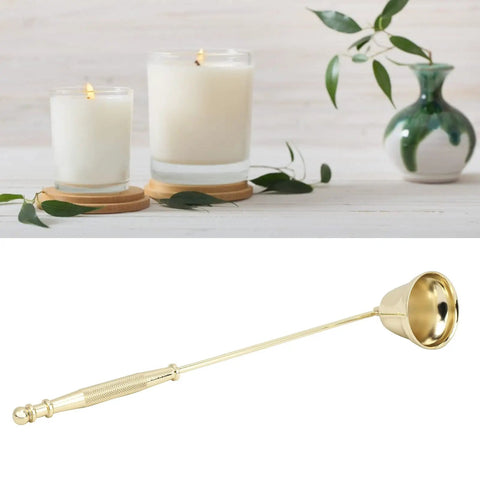 Slick Stainless Steel Candle Snuffer With Ergonomic Long Handle And Hassle Free Wick Control For Tapered Dinner Candles And Fresh Home Decor Setup In Classic Gold Finish next to lit candles.