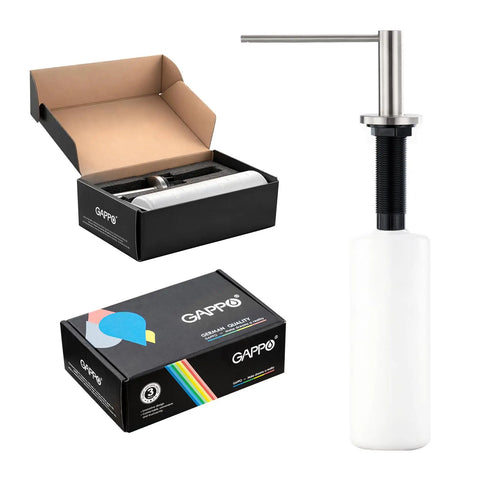Brushed Nickel Soap Dispenser For Kitchen Sink With Built In 17 Ounce Bottle Stainless Steel Countertop Pump Holds Hand Soap Or Dish Soap Easy Install No Mess Modern Kitchen Accessory, showing packaging and bottle.
