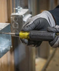 Worker using 6 In 1 Tapping Tool From Klein Tools With Cushion Grip For Repairing And Cleaning Threads Auto Re-Threads To Next Size If Stripped
