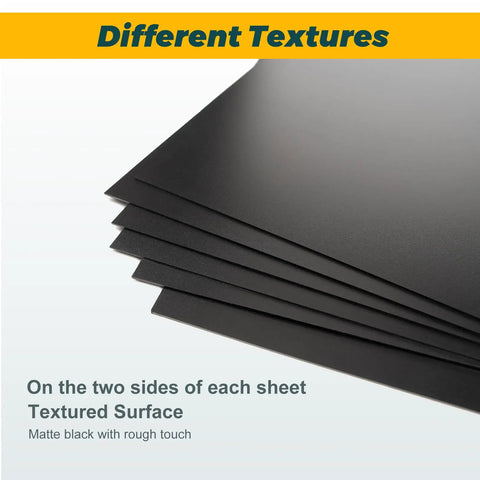 Stack of four black plastic sheets showing textured surface, 16 by 12 inches, thick 0.04 inch for DIY projects crafts home decor and builds.