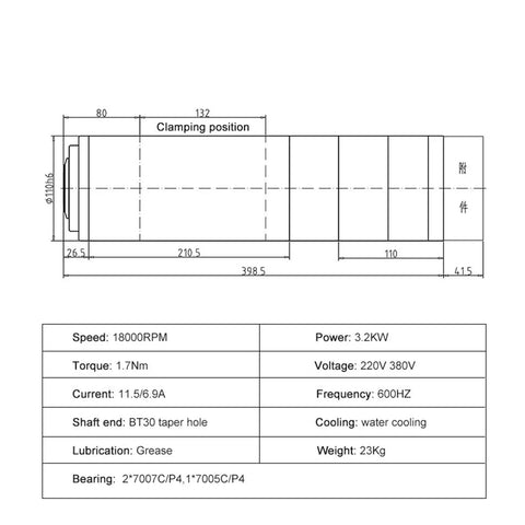 Factory Fresh Premium Commercial Water Cooled Spindle Motor 3.2kw 380 Volt Bt30 Taper 18000rpm detailed diagram with specifications