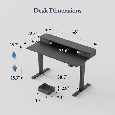 Klicelor 48X23 Inch Electric Standing Desk With Drawers Adjustable Height Small Sit Stand Desk For Home Office Compact Computer Workstation Solid Wood Top dimensions illustration.