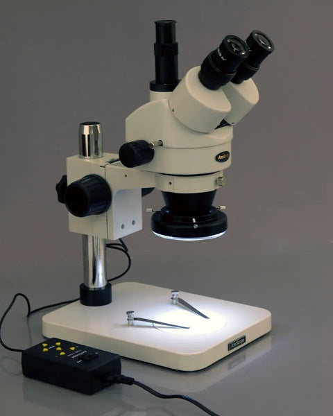 Trinocular Zoom Stereo Microscope 3.5X To 90X With Long Working Distance, 144 LED Four Zone Lighting System, Pillar Stand, 10X Super Widefield Eyepieces, Adjustable Interpupillary, Perfect For Circuit Boards And Dental Appliances, with LED base and tools
