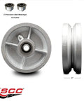 Five By Two Inch Semi Steel Cast Iron V Groove Wheel with Precision Ball Bearings Half Inch Bore and 1100 Pound Load Rating Per Unit, showing top and side view.