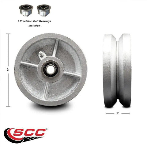 Five By Two Inch Semi Steel Cast Iron V Groove Wheel with Precision Ball Bearings Half Inch Bore and 1100 Pound Load Rating Per Unit, showing top and side view.