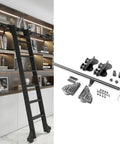 Sleek Steel Round Tube Sliding Ladder Rail Ten Foot Track Kit Matte Black Finish with floor casters displayed against shelves.