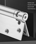 Close-up of heavy duty stainless steel mortise spring hinge for interior and exterior doors showing screw holes and mechanism, 4-pack.