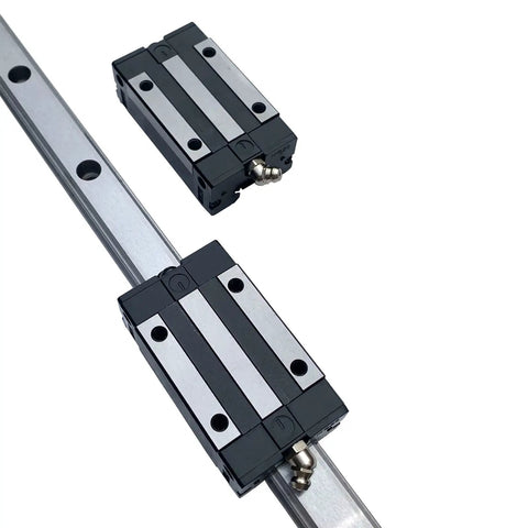 Beefy Four Pack 20mm Linear Slider Bearing Blocks for CNC Projects on rail, showcasing the square carriage sliders and HGR20 compatibility.