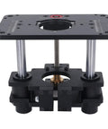Precision Router Table Lifting System Crafted From Heavy Duty Aluminum Alloy For Butter Smooth Height Adjustment And Rock Solid Stability view from above showing detailed parts for woodworking.