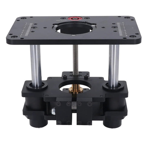 Precision Router Table Lifting System Crafted From Heavy Duty Aluminum Alloy For Butter Smooth Height Adjustment And Rock Solid Stability view from above showing detailed parts for woodworking.