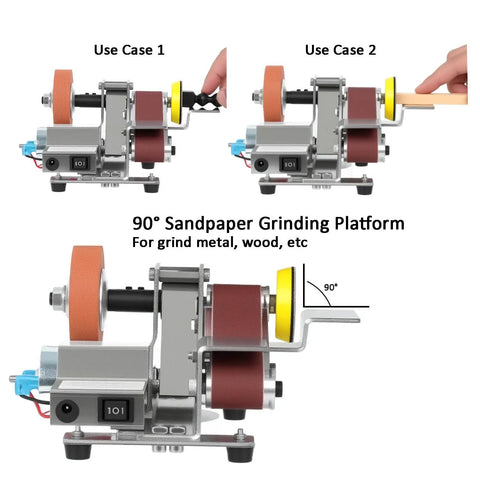 Mini Belt Sander And Electric Knife Sharpener Featuring A Snappy 15 Degree Bevel Plus 90 Angle Stand for grinding metal and wood.