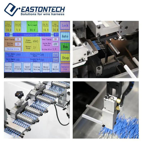 Bullet Proof Fully Automatic Eight Head Wire Tinning Machine For Cable Plants Quick Cutting Stripping Twisting Tool With Easy Plc Interface And Rock Solid Heavy Duty Frame showing control panel and wire processing components.