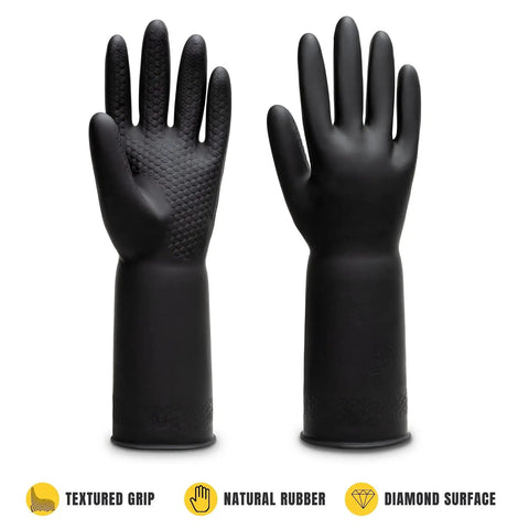 Chemical Resistant Latex Gloves For Heavy Duty Cleaning And Industrial Work, Extra Thick Rubber, Tear And Abrasion Resistant, 12.6 Inch Black