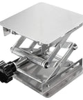 Front view of Amazon stainless steel lab jack lift stand with 8x8 in platform and adjustable knob