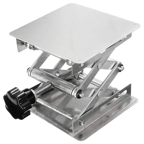 Front view of Amazon stainless steel lab jack lift stand with 8x8 in platform and adjustable knob