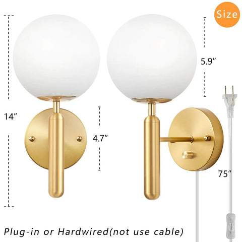 Modern Glass Globe Shade Wall Sconce in Brass Finish with 6.5 Inch Plug Cable, showing size details and mounting options.