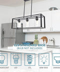 Farmhouse Black Lantern Pendant Chandelier With Seeded Glass, shown above a modern kitchen island, highlights E26 standard base.