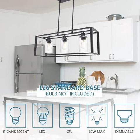 Farmhouse Black Lantern Pendant Chandelier With Seeded Glass, shown above a modern kitchen island, highlights E26 standard base.
