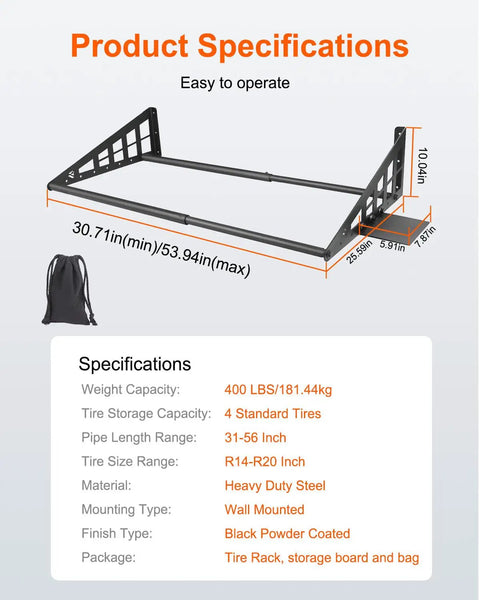 Heavy Duty Steel Wall Mounted Tire Rack Holds Thirty One To Fifty Six Inches with specifications on a white background.