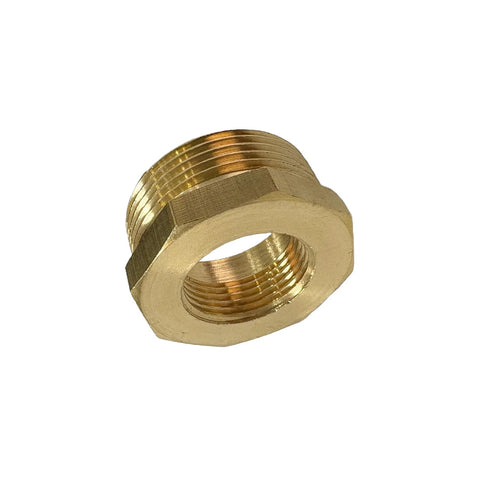 Brass NPT reducer bushing, 1-1/4 in male x 3/4 in female, hex body, angled view