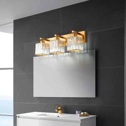 Three Light Gold Crystal Bathroom Vanity Light With Brushed Gold Finish Clear K9 Crystal Shades Modern Minimalist Wall Fixtures