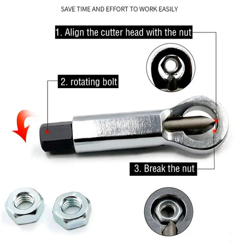Heavy Duty Metal Nut Splitter Set For Bolt And Nut Removal with step-by-step usage guide and close-up of nut cracking tool