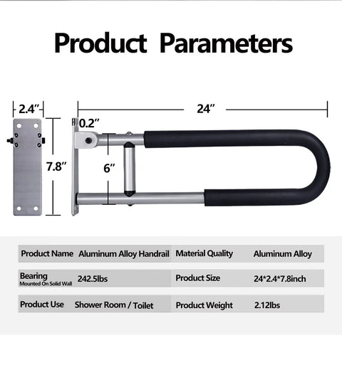 Diagram of 23.6 Inch Foldable Handrail Grab Bar Wall Mounted Toilet Safety Support For Handicap Elderly Seniors with dimensions.